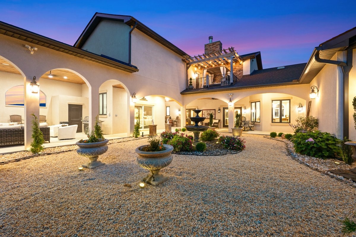 Estate exterior at dusk
